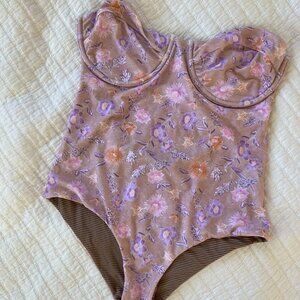 TRADE Acacia Swimwear Floral One Piece Purple Pink Strapless Bodysuit bikini
